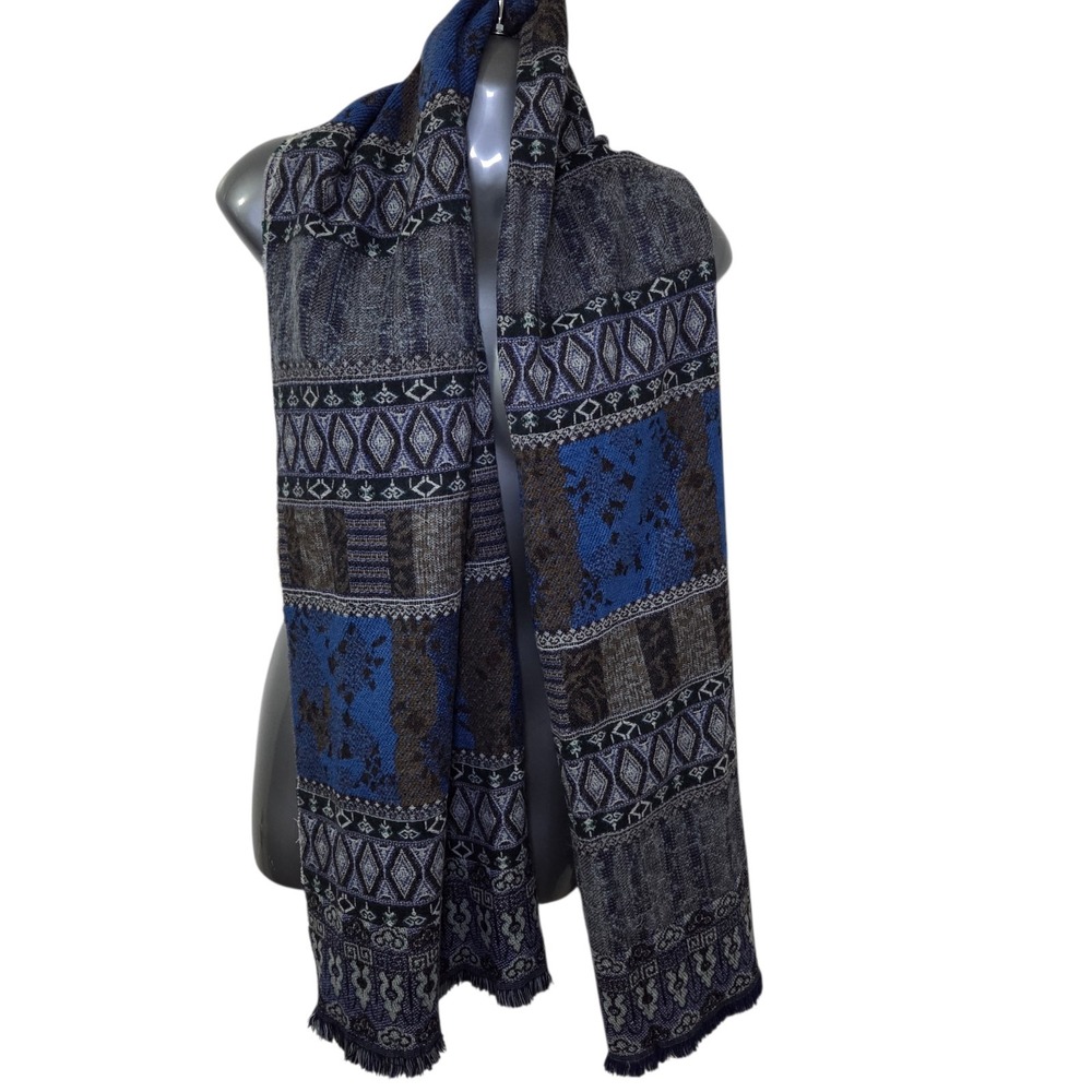 Blue Black Tribal Jacquard Woven Scarf Fringe Boho Southwestern Shawl 24"x70"